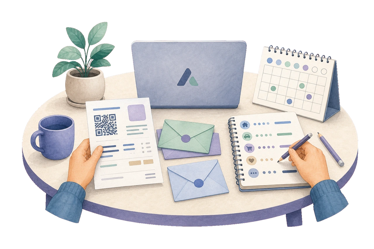 Table familiale avec ordinateur, QR-facture et budget AVYRO